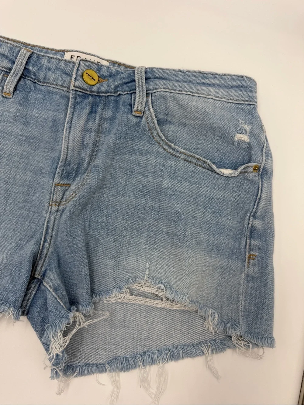 Frame Denim Shredded Raw-Edge Denim Shorts in Hurrah 26